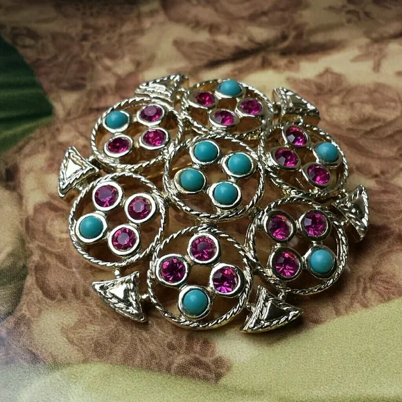 Sarah Coventry silvertone brooch turquoise colored pink rhinestones Vintage EUC - Picture 2 of 11